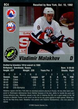 1993 Classic Pro Prospects - Bonus Cards #BC4 Vladimir Malakhov Back