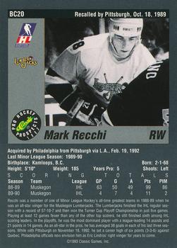1993 Classic Pro Prospects - Bonus Cards #BC20 Mark Recchi Back