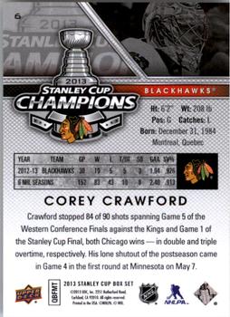 2013 Upper Deck Stanley Cup Champions Box Set #6 Corey Crawford Back