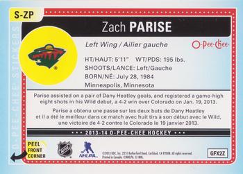 2013-14 O-Pee-Chee - Stickers #S-ZP Zach Parise Back