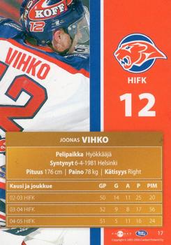2005-06 Cardset Finland #17 Joonas Vihko Back