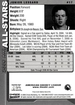 2005-06 Choice 2006 AHL All-Stars #17 Junior Lessard Back