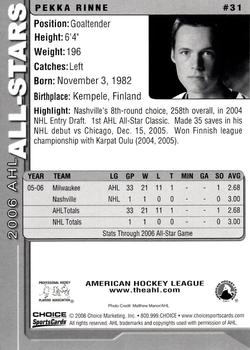 2005-06 Choice 2006 AHL All-Stars #31 Pekka Rinne Back