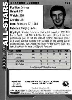2005-06 Choice 2006 AHL All-Stars #3 Braydon Coburn Back