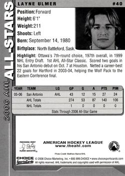 2005-06 Choice 2006 AHL All-Stars #40 Layne Ulmer Back