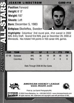 2007-08 Choice 2008 AHL All-Stars #18 Joakim Lindstrom Back