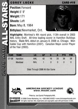 2007-08 Choice 2008 AHL All-Stars #19 Corey Locke Back
