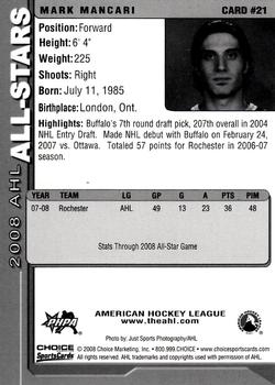 2007-08 Choice 2008 AHL All-Stars #21 Mark Mancari Back