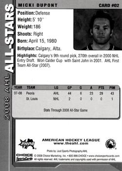 2007-08 Choice 2008 AHL All-Stars #2 Micki Dupont Back