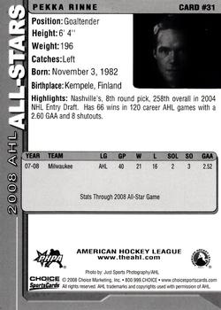 2007-08 Choice 2008 AHL All-Stars #31 Pekka Rinne Back