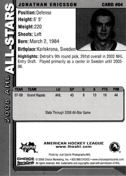 2007-08 Choice 2008 AHL All-Stars #4 Jonathan Ericsson Back