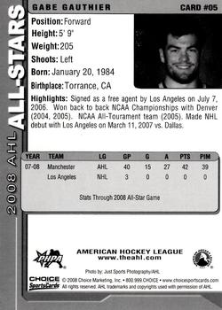2007-08 Choice 2008 AHL All-Stars #5 Gabe Gauthier Back