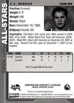 2007-08 Choice 2008 AHL All-Stars #9 T.J. Hensick Back
