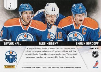 2012-13 Panini Prime - Prime Trios Patch #9 Ales Hemsky / Shawn Horcoff / Taylor Hall Back