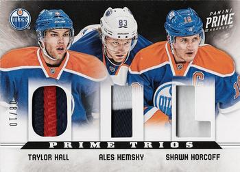 2012-13 Panini Prime - Prime Trios Patch #9 Ales Hemsky / Shawn Horcoff / Taylor Hall Front