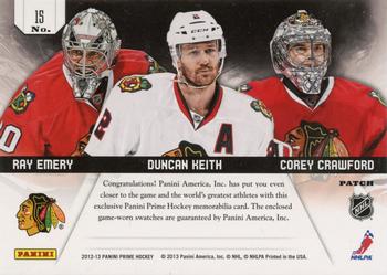2012-13 Panini Prime - Prime Trios Patch #15 Corey Crawford / Duncan Keith / Ray Emery Back