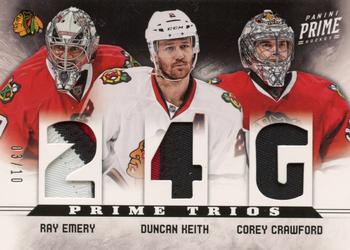 2012-13 Panini Prime - Prime Trios Patch #15 Corey Crawford / Duncan Keith / Ray Emery Front
