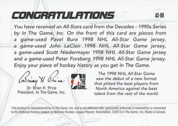 2013-14 In The Game Decades 1990s - All Stars Quad Jerseys Black #AS-08 Pavel Bure / John LeClair / Scott Niedermayer / Peter Forsberg Back