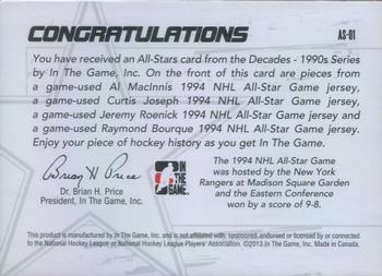 2013-14 In The Game Decades 1990s - All Stars Quad Jerseys Black #AS-01 Al MacInnis / Curtis Joseph / Jeremy Roenick / Raymond Bourque Back