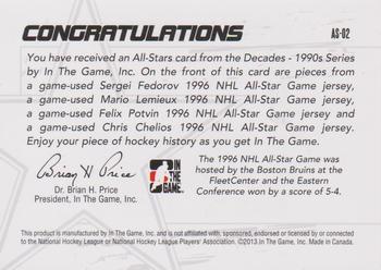 2013-14 In The Game Decades 1990s - All Stars Quad Jerseys Black #AS-02 Sergei Fedorov / Mario Lemieux / Felix Potvin / Chris Chelios Back