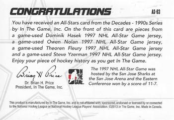2013-14 In The Game Decades 1990s - All Stars Quad Jerseys Black #AS-03 Dominik Hasek / Owen Nolan / Theoren Fleury / Steve Yzerman Back