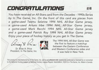 2013-14 In The Game Decades 1990s - All Stars Quad Jerseys Black #AS-06 Teemu Selanne / Arturs Irbe / Mark Recchi / Patrick Roy Back