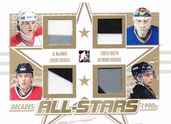 2013-14 In The Game Decades 1990s - All Stars Quad Jerseys Gold #AS-01 Al MacInnis / Curtis Joseph / Jeremy Roenick / Raymond Bourque Front