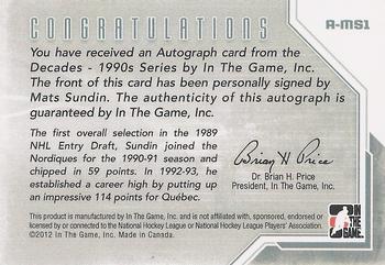 2013-14 In The Game Decades 1990s - Autographs #A-MS1 Mats Sundin  Back
