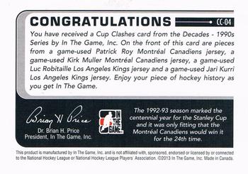 2013-14 In The Game Decades 1990s - Cup Clashes Black Quad #CC-04 Patrick Roy  / Kirk Muller / Luc Robitaille / Jari Kurri Back