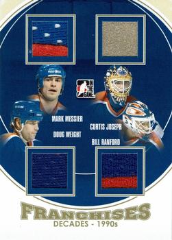 2013-14 In The Game Decades 1990s - Franchises Quad Jerseys Gold #F-05 Mark Messier / Curtis Joseph / Doug Weight / Bill Ranford Front