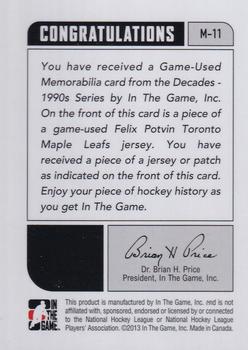 2013-14 In The Game Decades 1990s - Game Used Jerseys Silver #M-11 Felix Potvin Back