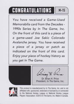 2013-14 In The Game Decades 1990s - Game Used Jerseys Silver #M-15 Joe Sakic Back