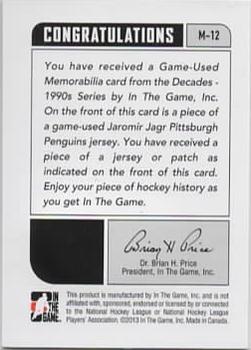 2013-14 In The Game Decades 1990s - Game Used Patch Black #M-12 Jaromir Jagr Back