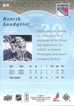 2007-08 Upper Deck Mini Jersey #64 Henrik Lundqvist Back