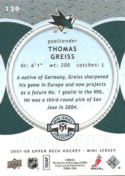2007-08 Upper Deck Mini Jersey #139 Thomas Greiss Back