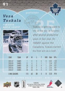 2007-08 Upper Deck Mini Jersey #91 Vesa Toskala Back