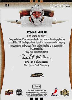 2007-08 SP Authentic #191 Jonas Hiller Back
