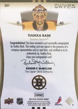 2007-08 SP Authentic #201 Tuukka Rask Back