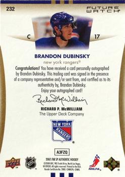 2007-08 SP Authentic #232 Brandon Dubinsky Back