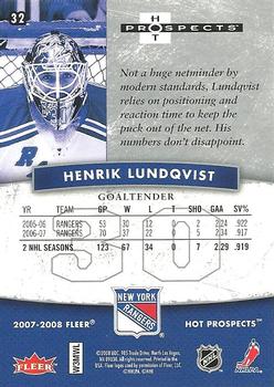2007-08 Fleer Hot Prospects #32 Henrik Lundqvist Back