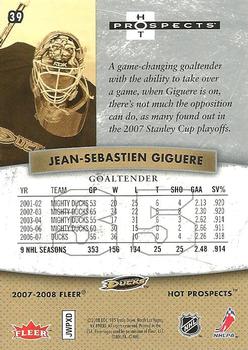 2007-08 Fleer Hot Prospects #39 Jean-Sebastien Giguere Back