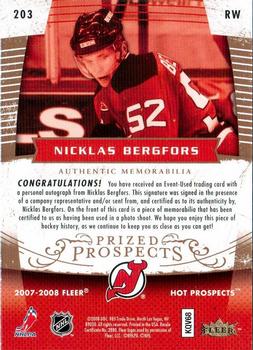 2007-08 Fleer Hot Prospects #203 Nicklas Bergfors Back