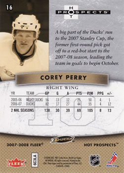 2007-08 Fleer Hot Prospects #16 Corey Perry Back