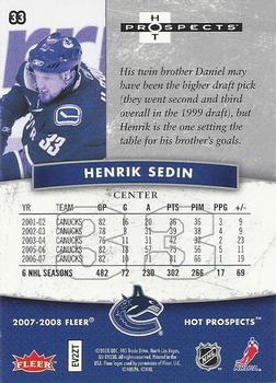2007-08 Fleer Hot Prospects #33 Henrik Sedin Back