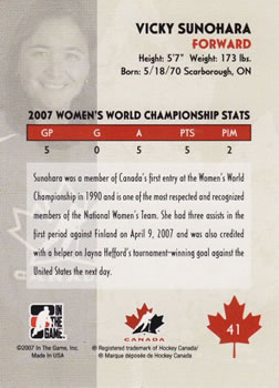 2007-08 In The Game O Canada #41 Vicky Sunohara Back