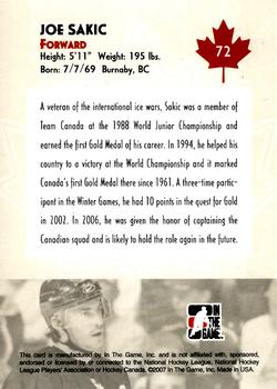 2007-08 In The Game O Canada #72 Joe Sakic Back