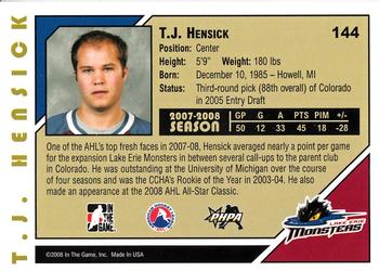 2007-08 In The Game Heroes and Prospects #144 T.J. Hensick Back