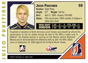 2007-08 In The Game Heroes and Prospects #58 Juuso Puustinen Back