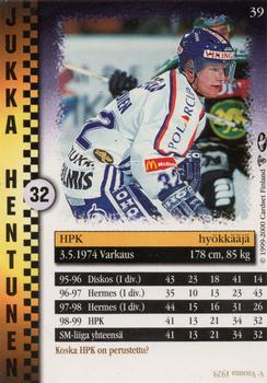 1999-00 Cardset Finland #39 Jukka Hentunen Back
