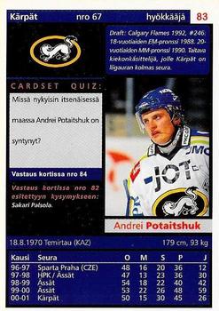 2001-02 Cardset Finland #83 Andrei Potaitshuk Back